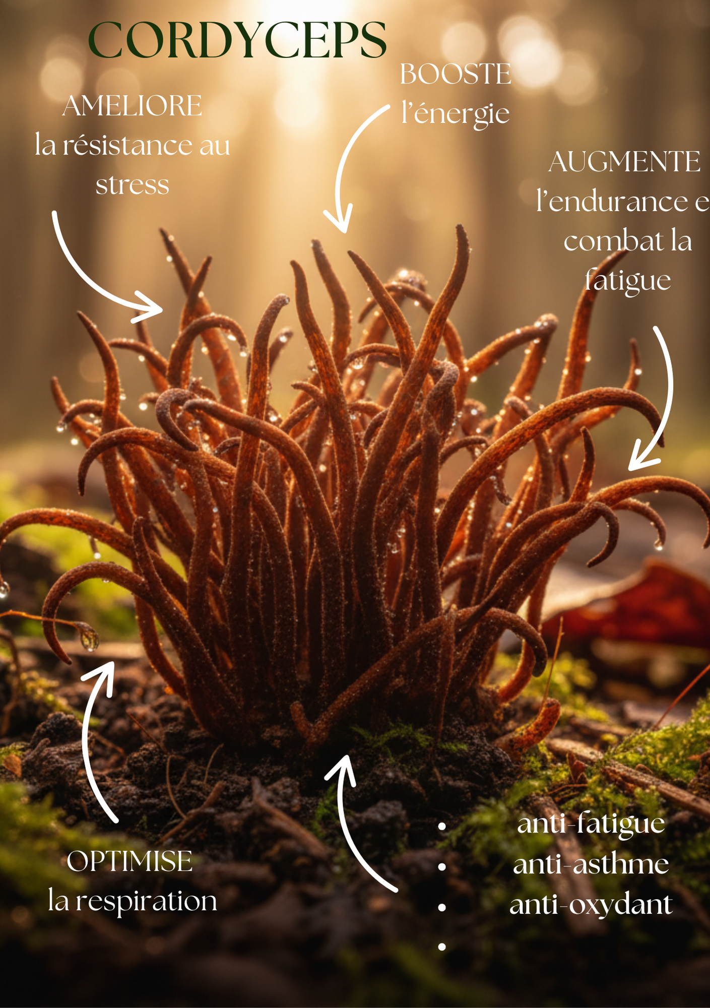 cordyceps, cordyceps militaris, énergie, endurance, récupération, performance, fatigue, adaptogène, vitalité, bien-être explication
