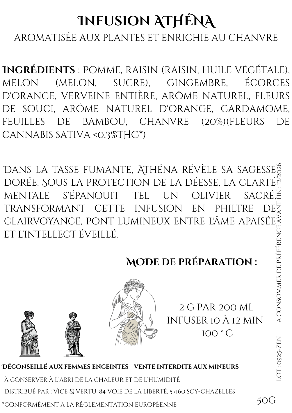 infusion Athéna, CBD gingembre, tisane clarté mentale, infusion dorée, Vice & Vertu Mythologie