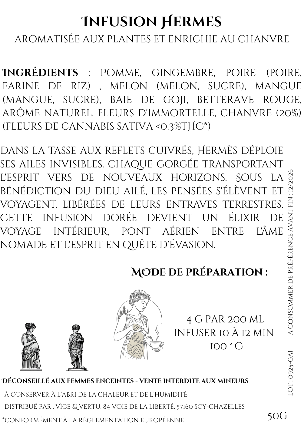 infusion Hermès, CBD gingembre, tisane dorée, infusion voyage, Vice & Vertu Mythologie