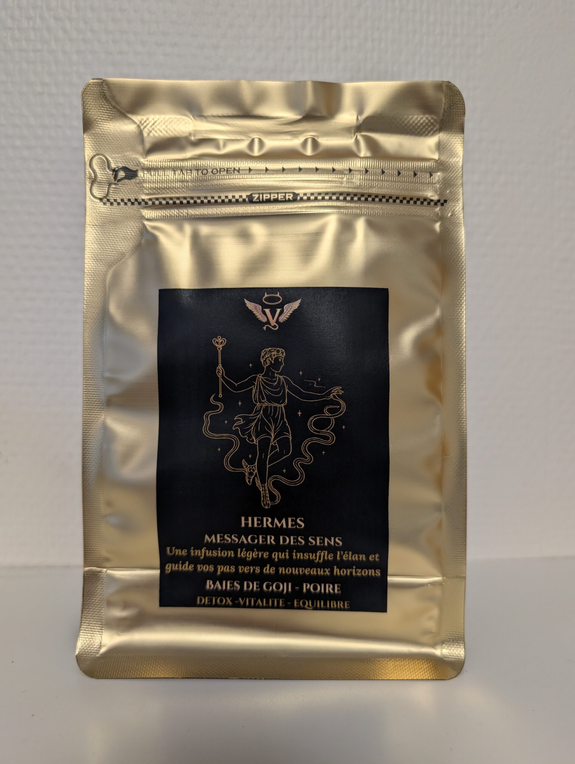 infusion Hermès, CBD gingembre, tisane dorée, infusion voyage, Vice & Vertu Mythologie