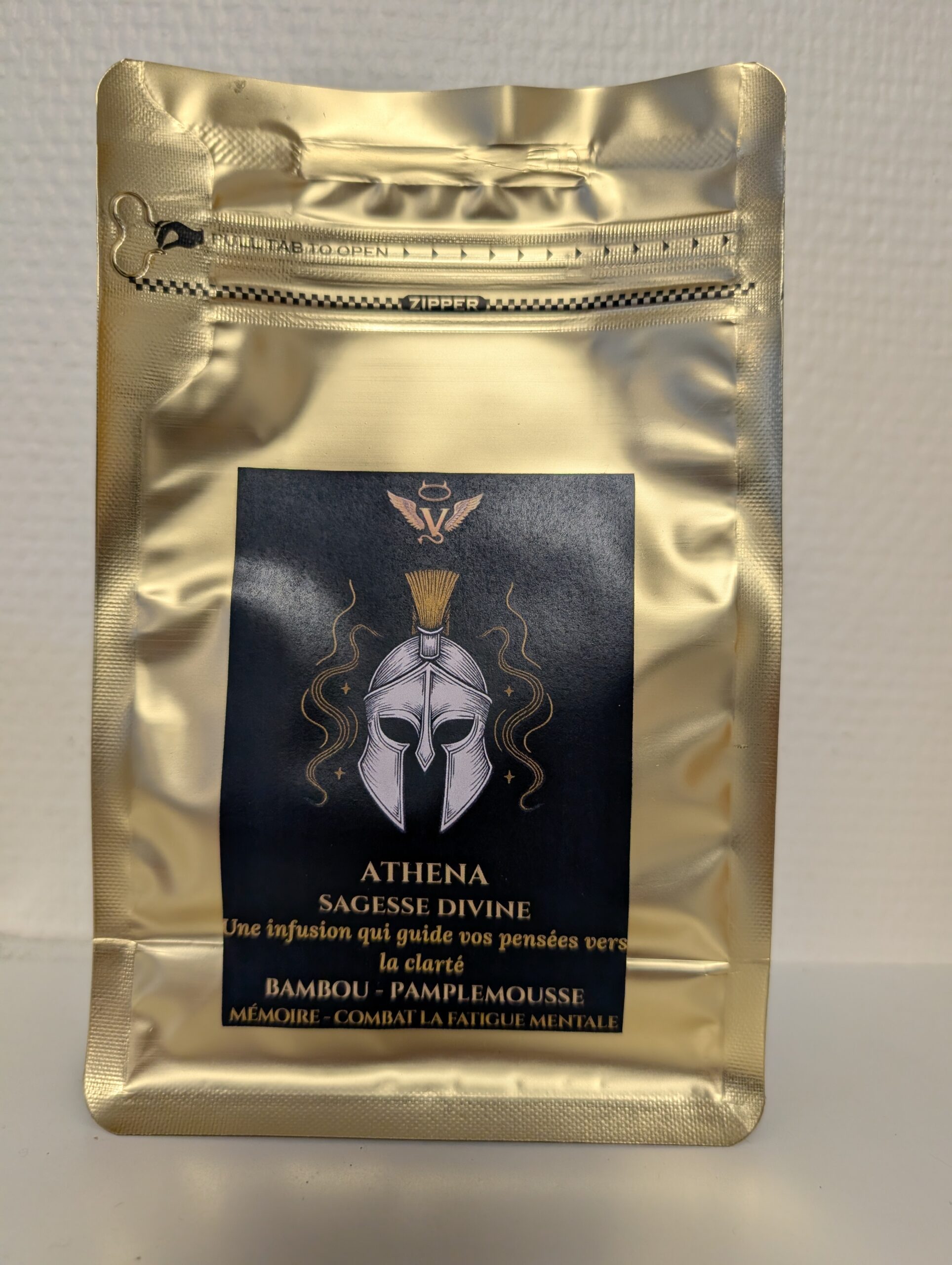 infusion Athéna, CBD gingembre, tisane clarté mentale, infusion dorée, Vice & Vertu Mythologie