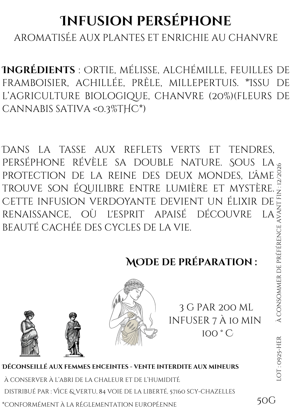 infusion Perséphone, CBD féminin, infusion cycle, tisane bien-être femme, infusion herbes naturelles, Vice & Vertu Mythologie