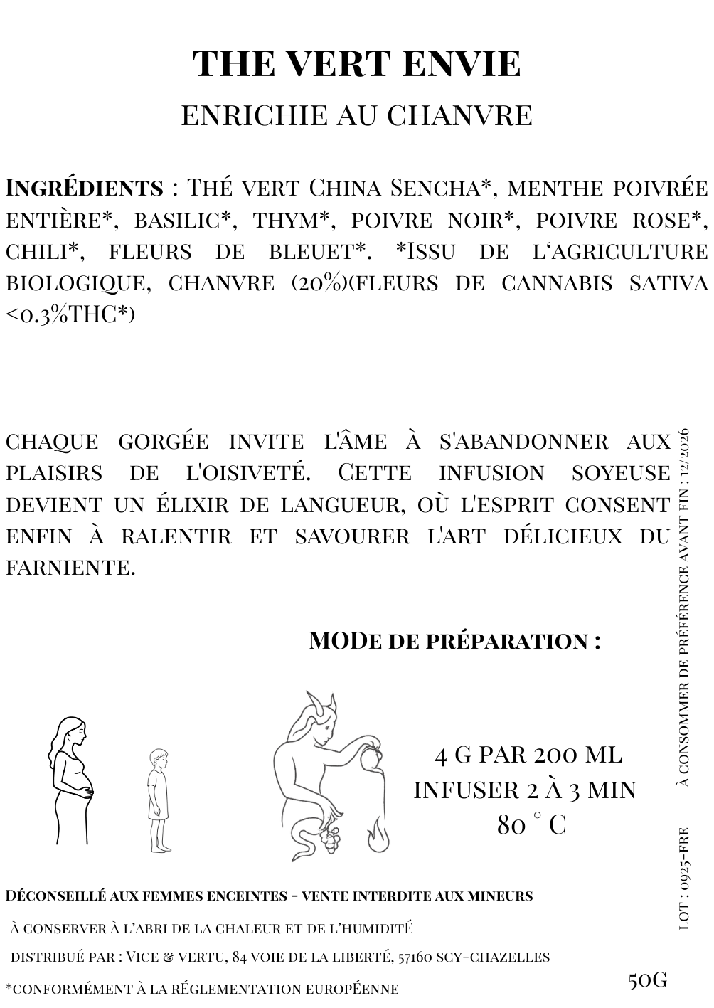 thé vert, menthe, basilic, thym, fraîcheur, clarté, équilibre, vitalité, détente, CBD, infusion artisanale, Vice & Vertu, collection 7 péchés capitaux, légèreté, herbacé sept péchés caiptaux envie