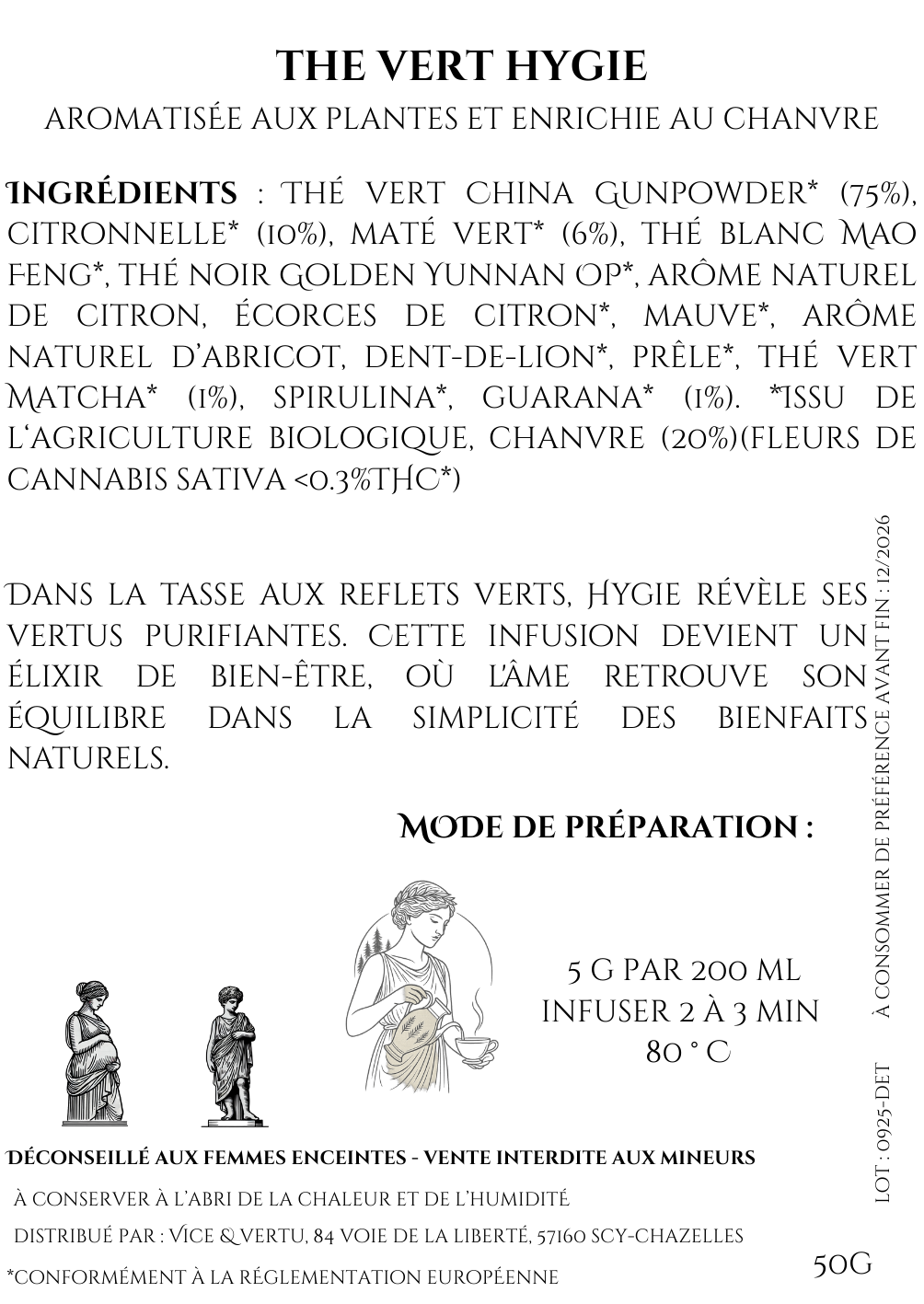 thé vert Hygie, infusion détox CBD, thé vert citron chanvre, thé bien-être, infusion purifiante, Vice & Vertu Mythologie