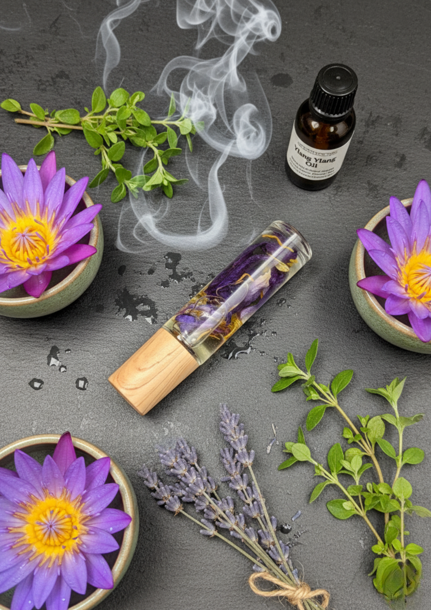 roll on lotus bleu huile d'argan, huile essentielle lavande marjolaine à coquilles ylang ylang détente lotus bleu stress