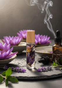 roll on lotus bleu huile d'argan, huile essentielle lavande marjolaine à coquilles ylang ylang détente lotus bleu stress