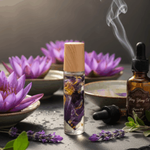 roll on lotus bleu huile d'argan, huile essentielle lavande marjolaine à coquilles ylang ylang détente lotus bleu stress