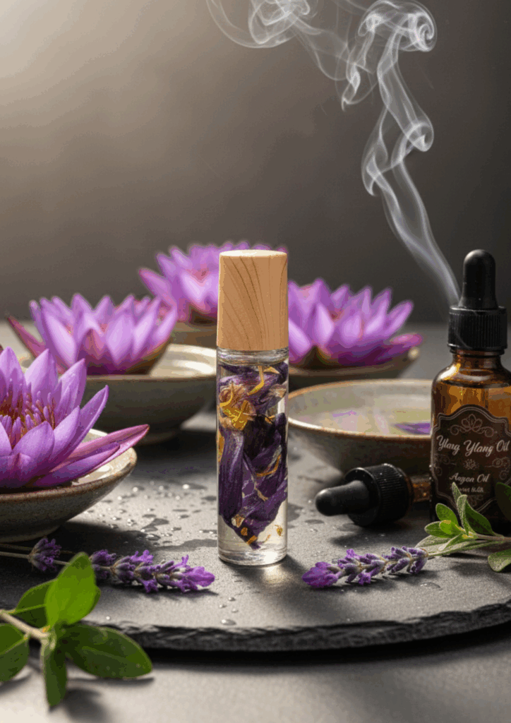 roll on lotus bleu huile d'argan, huile essentielle lavande marjolaine à coquilles ylang ylang détente lotus bleu stress