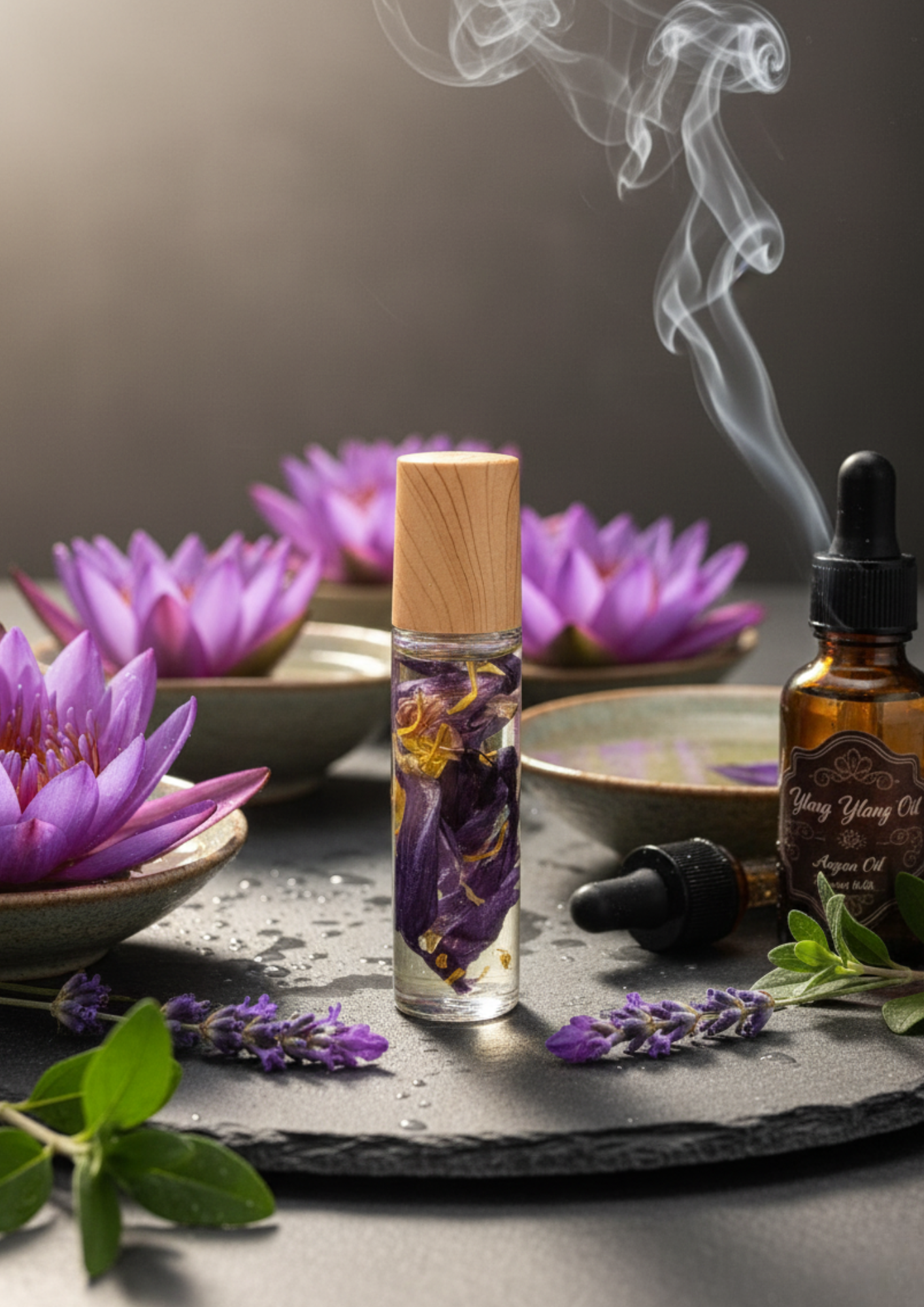 roll on lotus bleu huile d'argan, huile essentielle lavande marjolaine à coquilles ylang ylang détente lotus bleu stress