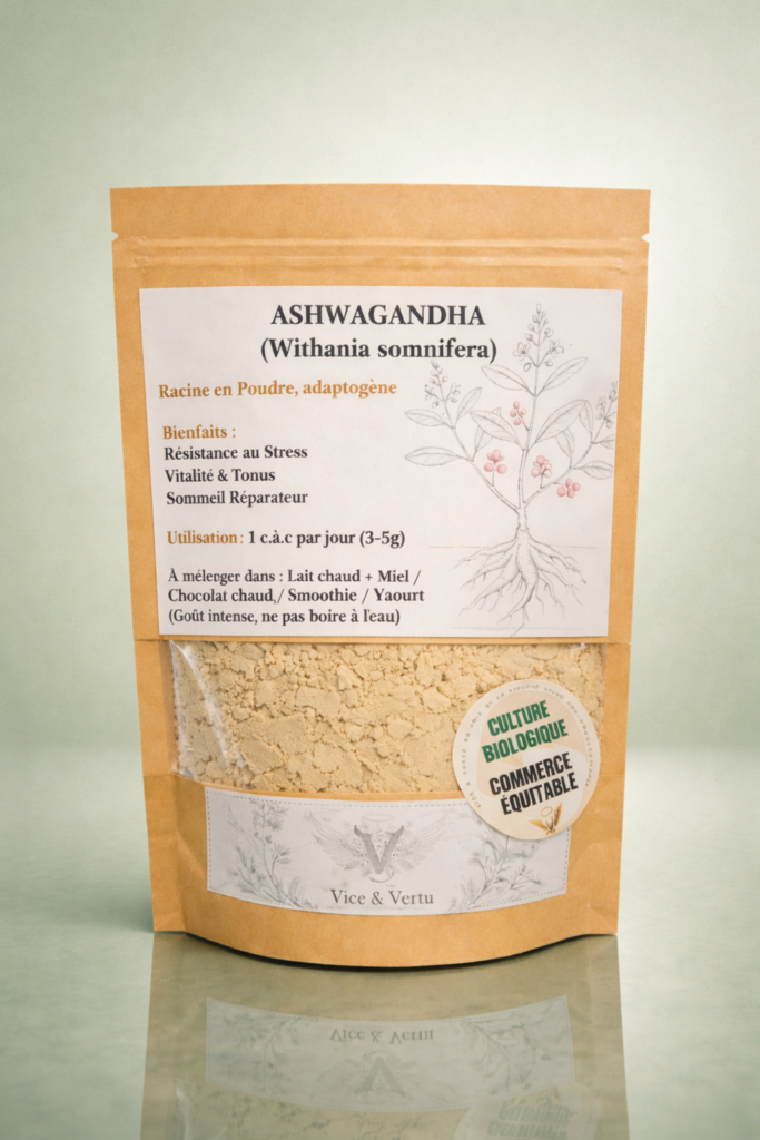 Ashwagandha cortisol, déstresse calme détente sérénité bio équitable poudre racine écorce