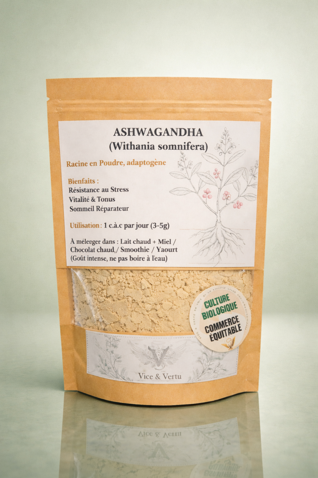 Ashwagandha cortisol, déstresse calme détente sérénité bio équitable poudre racine écorce