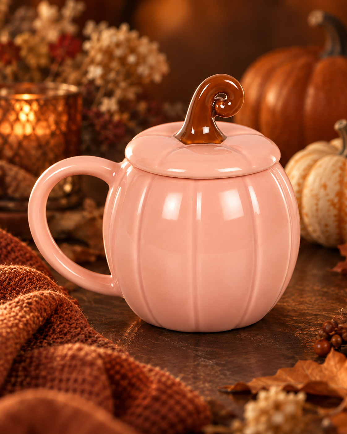 Tasse d'automne rose à couvercle, motif citrouille bouclée – Image 2