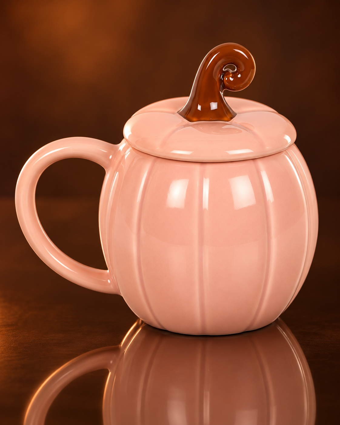 Tasse d'automne rose à couvercle, motif citrouille bouclée