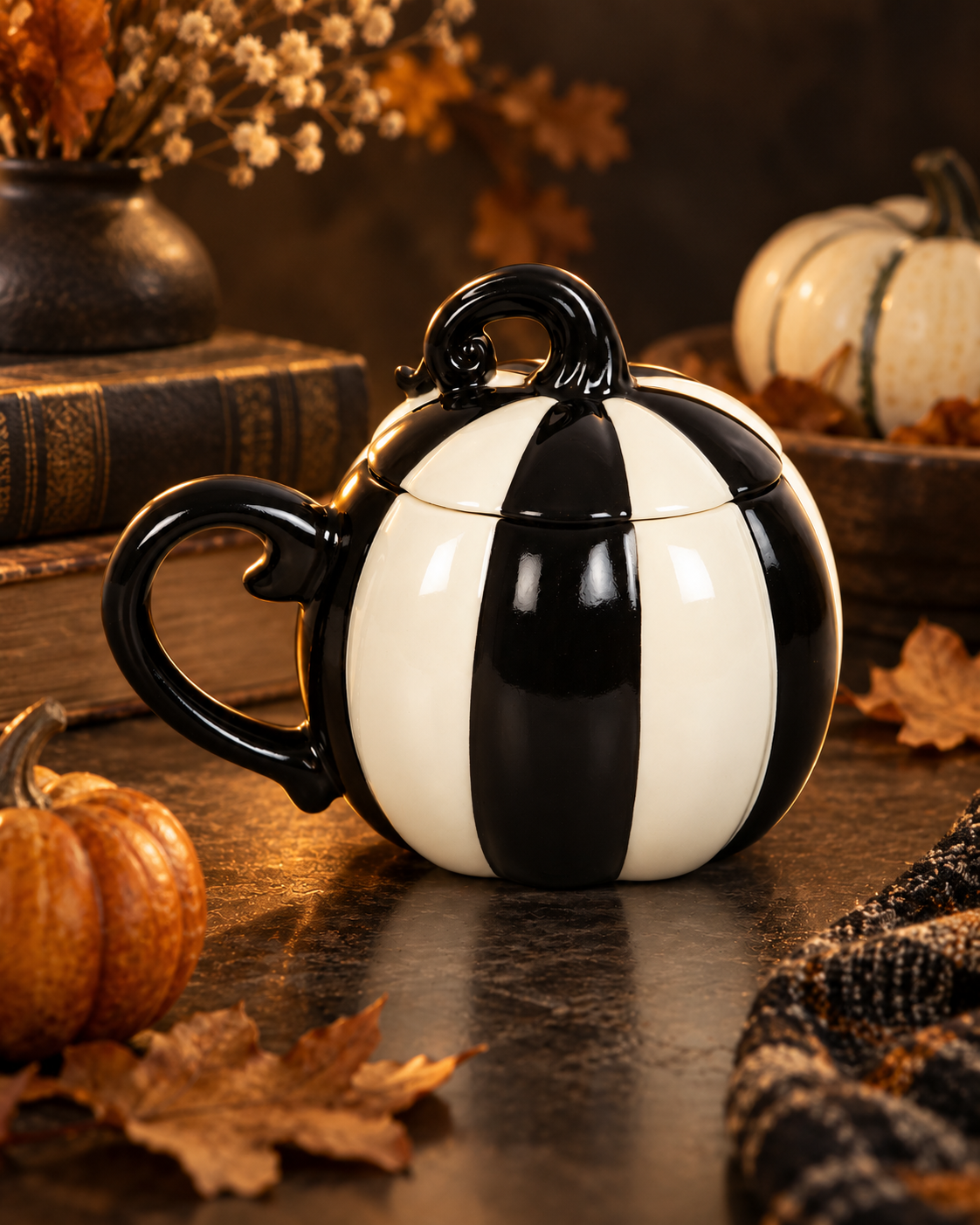 Mug à Couvercle Citrouille Rayé Noir et Blanc – Image 2